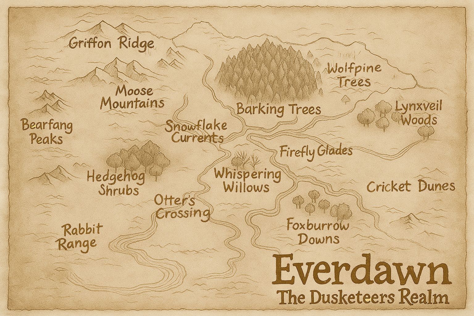 Map of Everdawn, the Dusketeers Realm, showing locations like Griffon Ridge, Barking Trees, Firefly Glades, and more